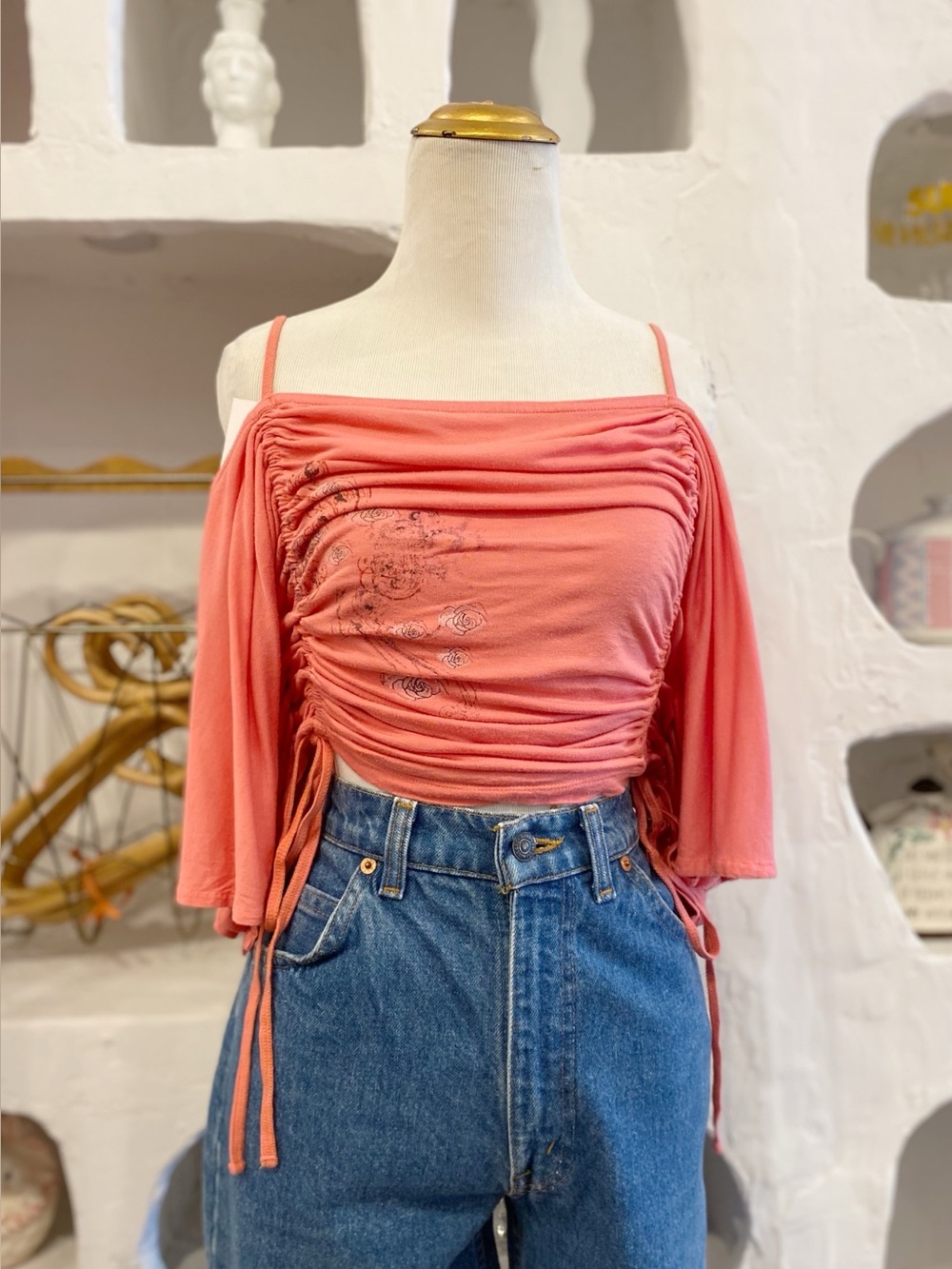 Y2K Ruched Off-Shoulder Coral Adjustable Spaghetti Strap Rayon Batwing Crop Top